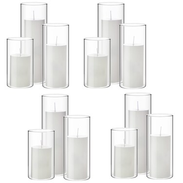 Shihanee Set of 12 Pillar Candles and Glass Cylinder Vases Clear Cylinder Candle Holders for Slim Pillar Candles Wedding Centerpieces (White, 2.6'' X 4.7'', 5.9'', 7.9'')