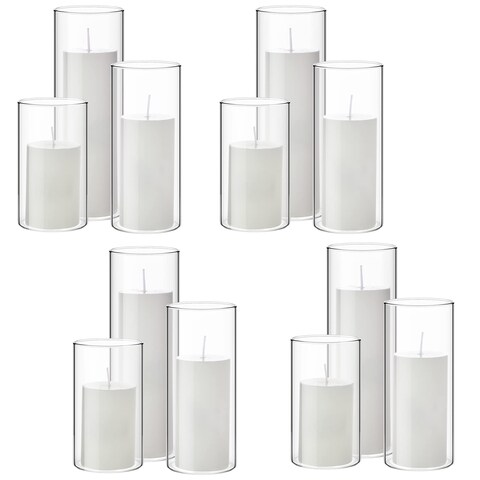 Shihanee Set of 12 Pillar Candles and Glass Cylinder Vases Clear Cylinder Candle Holders for Slim Pillar Candles Wedding Centerpieces (White, 2.6&#39;&#39; X 4.7&#39;&#39;, 5.9&#39;&#39;, 7.9&#39;&#39;)