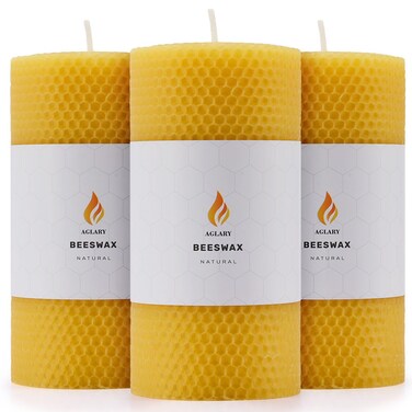 AGLARY 3PCS 3 * 6" Beeswax Pillar Candles, Large Handmade Pure Beeswax Rolled Candles, Unscented &amp; Dripless &amp; Smokeless,Original Color