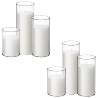Shihanee Set of 6 Pillar Candles and Glass Cylinder Vases Clear Cylinder Candle Holders for Slim Tall Pillar Candles Wedding Centerpieces(3.4'' x 4.7", 7", 9.8",White)