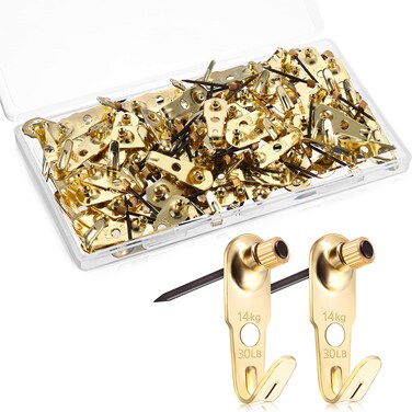 Jetec Plaster Picture Hangers Hooks Picture Gold Hanging Picture Kit with Nails for Plaster Wall Wooden Wall Drywall Mounting (50 Pieces,30 lbs)