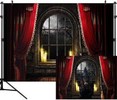 DULUDA 10X8FT Halloween Themed Photography Backdrop Curtain Floor Balcony Moon Magical Broom Background Photo Studio Booth Photographer Props HW42E