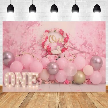 8x6ft First Birthday Decorations for Girl 1st Birthday Photography Background Pink One Year Old Birthda Party Decoration for Photography Photo Studio Photocalls Supplies