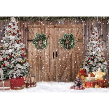 Felortte 7x5FT Polyester Fabric Winter Christmas Rustic Barn Wood Door Photography Backdrop Xmas Tree Snow Background Banner for Family Holiday Party Decoration Supplies Photo Studio Props Pictures