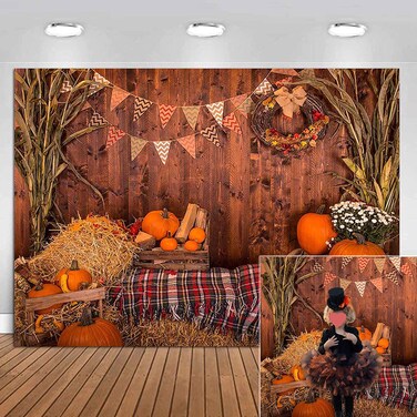Fall Thanksgiving Photography Backdrop Vinyl 7X5FT Rustic Wooden Floor Barn Harvest Photo Background Autumn Pumpkins Harvest Party Baby Shower Cake Table Decoration Banner Studio Booth Props