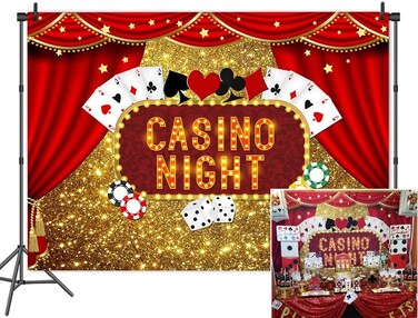 Vinyl 8X6FT Casino Night Poker Dice Red Curtains Photography Backdrop Gold Glitter Bokeh Photo Background Birthday Party Banner Decorations Banner Photo Booths Studio Props Dessert Table