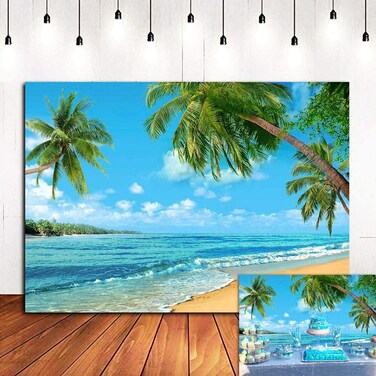 Summer Island Scene Photography Backdrop Beach Sea Palm Hawaiian Themed Birthday Party Banner Decorations Photo Background Vinyl 7x5ft Photo Booths Studio Props Wedding Supplies