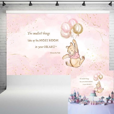Classic Pooh Bear Baby Shower Backdrop for Girl Golden and Pink Texture Background Glitter Balloon Banner 1st Birthday Party Decorations 5x3 ft 317