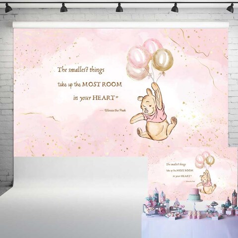 Classic Pooh Bear Baby Shower Backdrop for Girl Golden and Pink Texture Background Glitter Balloon Banner 1st Birthday Party Decorations 5x3 ft 317