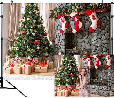 DULUDA 10X8FT Christmas Theme Seamless Backdrop Fireplace Xmas Tree Customized Photography Background Studio Prop WXL41E