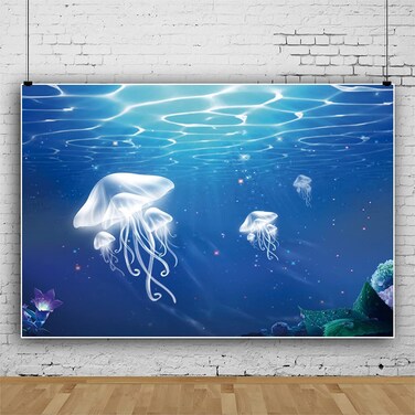 Laeacco 7x5ft Underwater World Backdrop Cute Jellyfish Sunlight Blue Sea Water Undersea World Background Ocean Theme Party Decoration Banner Baby Shower Kids Adults Birthday Party Photo Studio Props