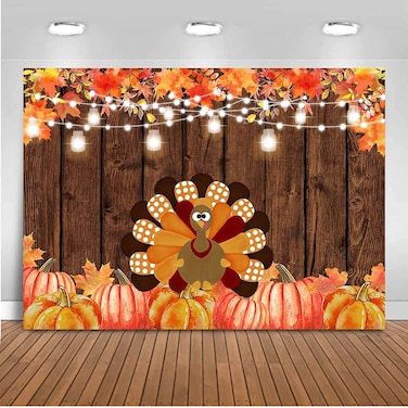 Mocsicka Thanksgiving Day Backdrop Turkey Pumpkin Maple Leaves Glitter Lights Rustic Wood Photo Background Autumn Harvest Banner Party Decorations (7x5ft)