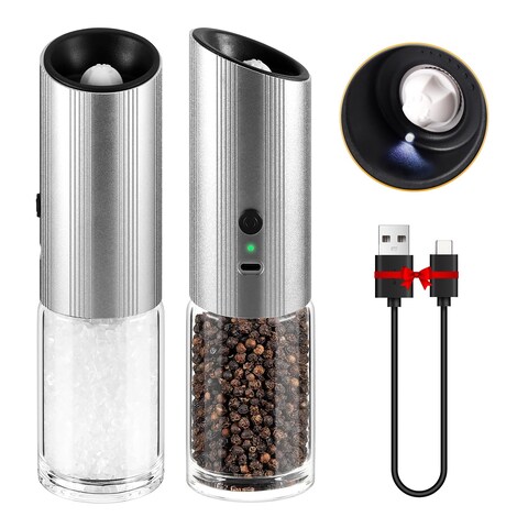 VEVOK CHEF Electric Salt and Pepper Grinder Set Larger Capacity 180 ml Automatic Operation Pepper Mill Grinders Electronic Spice Grinder with LED light Silver Stainless Steel Grinder