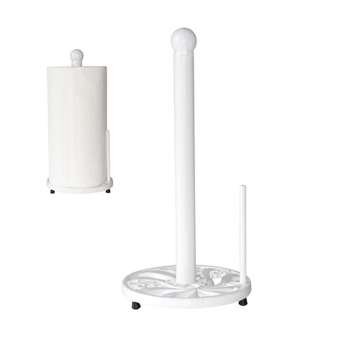 MINLUFUL Vintage Paper Towel Holder Countertop - Cast Iron Standing Roll Paper Towel Dispenser with Elegant and Heavy Daffodil Pattern Base for Kitchen D&Atilde;&copy;cor, White