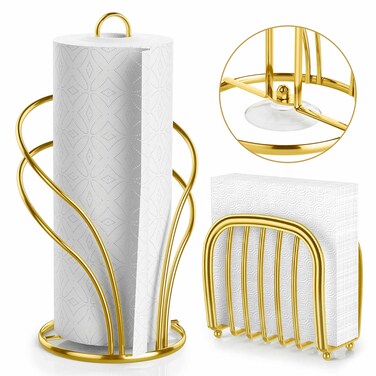 Paper Towel Holder Countertop, Stainless Steel Paper Towel Roll Holder and Paper Napkinholder Set, Standing Paper Towel Roll Holder Stand with Weighted Base Suction Cups (Gold)