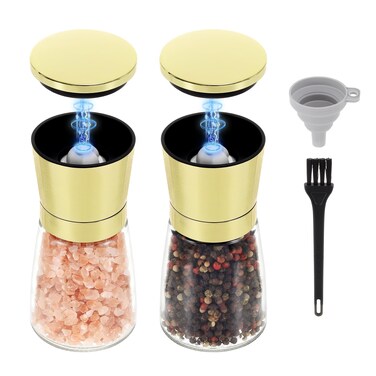 vzaahu Golden Salt and Pepper Grinders with Funnel, Brush - Adjustable Coarseness Shiny Gold Cap Seasalt Peppermill Set Refillable with Magnetic Lid, for Modern, Kitchen Decoration Gift