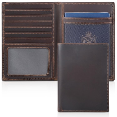 compalo Leather Passport Holder, RFID Blocking Passport Travel Wallet for Men and Women (Dark Brown)