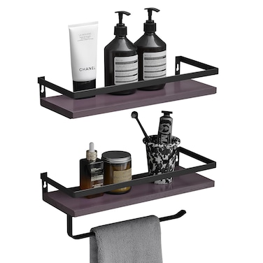BESy Floating Shelves Wall Mounted Storage Shelves with Towel Rack Rails Bar, Paper Towel Holder with Shelf for Kitchen, Bathroom Tissue Roll Hanger, Matte Black Metal Frame, Set of 2 Purple