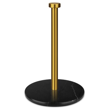 HESHIBI Paper Towel Holder Countertop with 7" Weighted Black Marble Base - Modern Free Standing Paper Roll Holder, Brushed Gold Stainless Steel Stand Paper Towel Holder for Kitchen and Bathroom