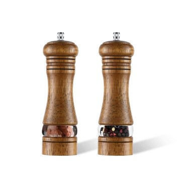 2-Piece Salt and Pepper Grinder Set, 6.5 Inch Wooden Salt and Pepper Mills with Adjustable Coarseness, Refillable Manual Pepper Mill Grinder for Home Cooks (Brown)