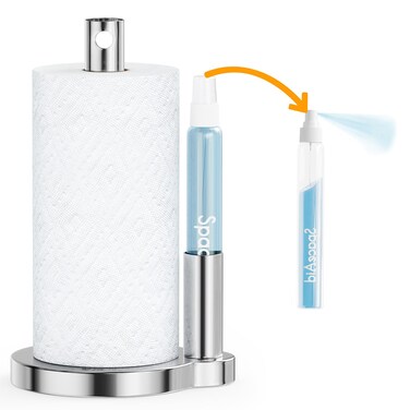 SpaceAid SprayNeat Paper Towel Holder with Spray Bottle, Countertop Paper Towels Dispenser Stand with Sprayer Inside Center, Under Cabinet Papertowels Roller for Kitchen (Silver)