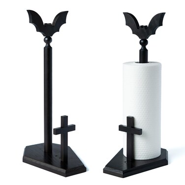 Kihomi Bat Paper Towel Holder with Suction Cups - Black Wooden Coffin Paper Roll Holder, Gothic Kitchen and Bathroom Accessory, Halloween Decor, Spooky Rustic Table and Witchy Gifts for Women (Bat)