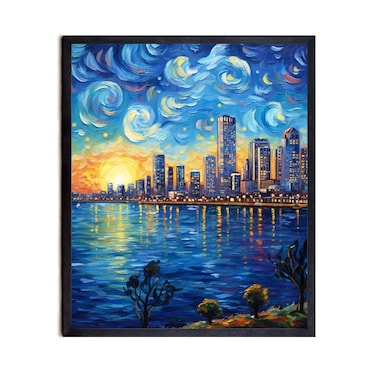 Bestbuddy Pet 11X14 Unframed Starry Night Van Gogh Inspired San Diego California Coast Coastline Skyline Oil Painting Art Print Poster Wall Decor AP189