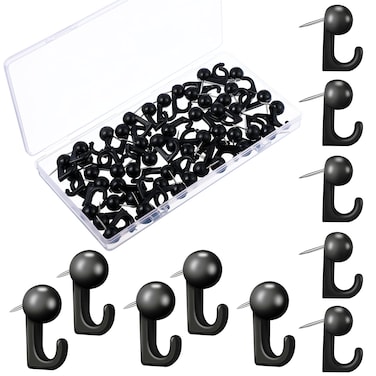 Tenare 50 Pieces Push Pin Hooks Plastic Heads Pin Tacks Wall Thumb Tacks Hanging Nails Decorative Push Pins Hooks for Cork Bulletin Board Map Photos Calendar, Home Office Supplies(Black)