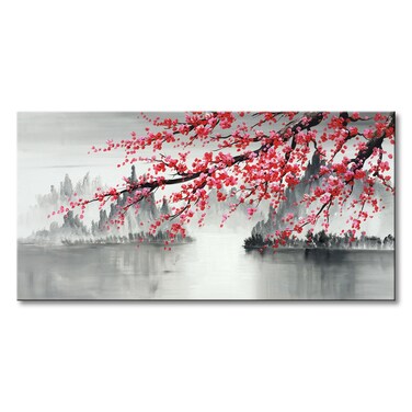 Handmade Traditional Chinese Oil Painting Pink Plum Blossom Canvas Wall Art Modern Black and White Landscape Artwork