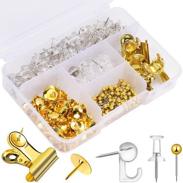 Gold Push Pins Set, 465 Pcs Gold Push Pins for Cork Board, Push Pin Hooks Push Pin Clip Set, Gold Thumb Tacks with Box, 5 Style Gold Office Accessories for Map, Office, Bulletin Board Wall (Gold)