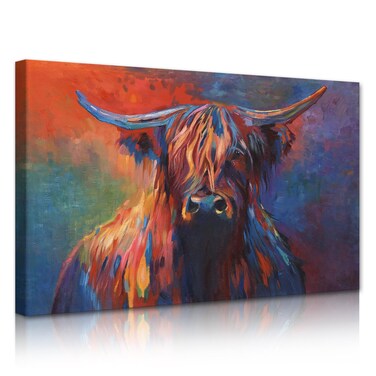 Banksy Graffiti Freedom Highland Cow Picture Canvas Wall Art Pop Street Art Farmhouse Cow Poster Oil Painting Artwork Men Home Kitchen Office Decor Giclee Print Frame Gallery Wrapped-36''Wx24''H