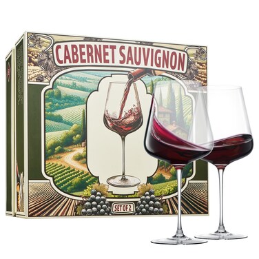 Khen Cabernet Sauvignon Explained Crystal Wine Glasses Hand Blown Italian Style   Set of 2   Large 25oz Cabernets Definition Red Wine, Gift Box Explanation Packaging - Valentine's Day