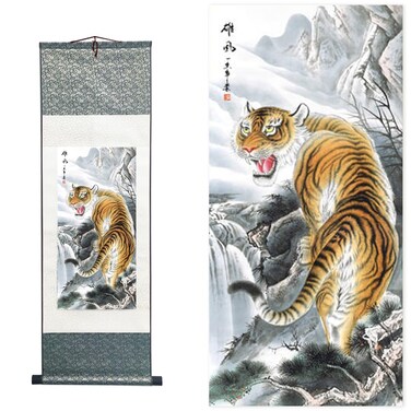 Chinese Brush Painting, Chinese Landscape Ink Painting, Chinese Flower and Bird Ink Painting, Asian Tapestry, Silk Scroll Painting, Decor Chinese Wall Hanging Painting 39*12"/100*30cm (Tiger)