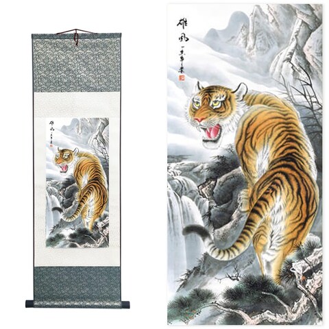 Chinese Brush Painting, Chinese Landscape Ink Painting, Chinese Flower and Bird Ink Painting, Asian Tapestry, Silk Scroll Painting, Decor Chinese Wall Hanging Painting 39*12&quot;/100*30cm (Tiger)