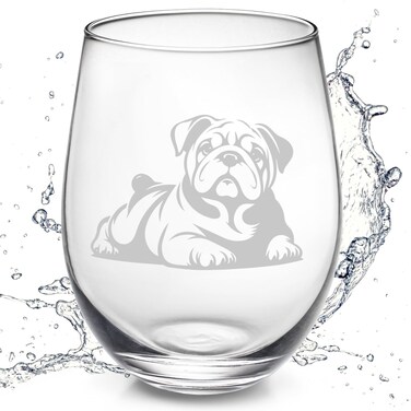 OWATRKDEY English Bulldog Stemless Wine Glass - Laser Engraved - Ideal for Birthdays, Parties, Weddings and Mother's/Father's Day Gifts, Bulldog Gifts for Women - Ideal for Bulldog Lovers, 17 oz.