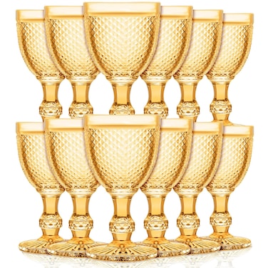 Bokon 12 Pack Wine Glasses Red Wine Glass Goblets High Clear Wine Glass 10 oz Vintage Glass Goblet Embossed Diamond Design Glassware Goblet with Stem for Juice Liquor Party Wedding Bar (Amber)