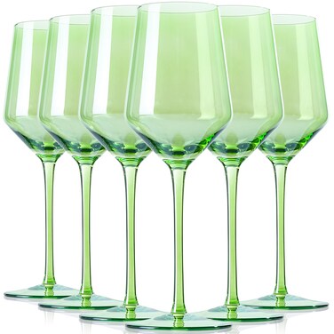 Physkoa Green Wine Glass Set of 6 - Unique Hand-Blown Long Stem Wine Glasses Set of 6 Bar Party Wine Glasses