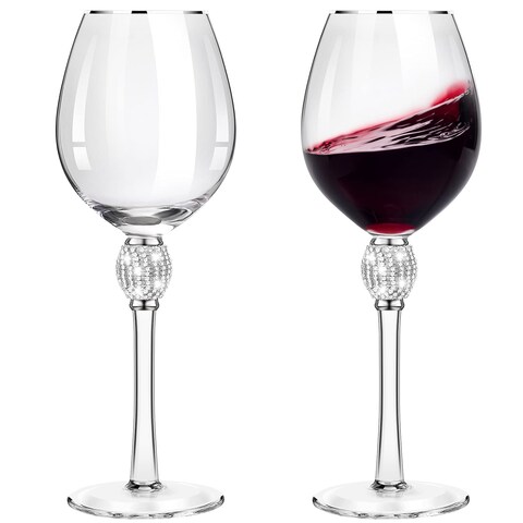 Patelai 2 Pieces Rhinestone Red Wine Christmas Gift Clear Glass with Rim Tulip Shaped Diamond Wine Glasses Long Stem Glassware for Wedding, Parties, Anniversary(Silver)