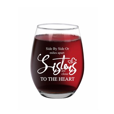 Jogskeor Friendship Gifts Wine Glass 15oz, Side By Side or Miles Apart Sisters are Always Close at Heart Stemless Wine Glass, Long Distance Friendship Gift Sister Gifts for Her BFF Sister