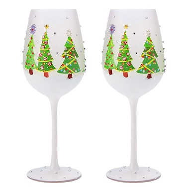 Winter Tree Themed Wine &amp; Water Glasses - Set of 2 - Shining Red Green Yellow Silver, Parties Gifts Glassware - Winter Trees - 17.5oz - New Year's Eve Festive Glass - Stemmed