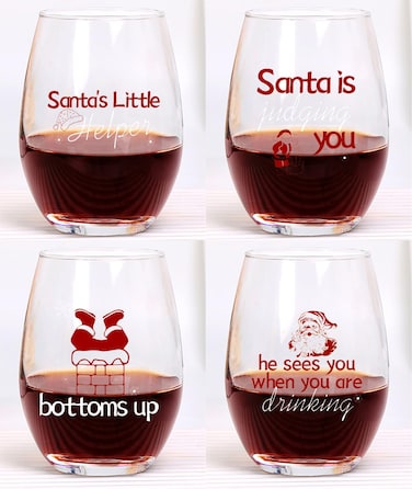 Jogskeor Merry Christmas Stemless Wine Glass Set of 4, Funny Santa Christmas Wine Glass 15Oz for Friend Family Women Men Coworker, Wonderful Gift Christmas Gift New Year Gift