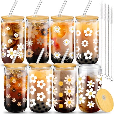 meekoo 8 Pcs Glass Cups with Bamboo Lids and Straws 16 oz Beer Can Shaped Iced Coffee Drinking Cup Christmas Employee Appreciation Gift Cups for Wine Tea Water - 4 Cleaning Brushes(Daisy)