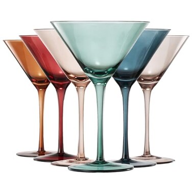 Colored Martini &amp; Cocktail Crystal Glasses - 10oz   Set of 6   Cute Pastel Muted Crystal Cocktail Glassware, Unique Gift Wife, Her, Mom, Friend Cocktails, Red &amp; White Tall Stemmed Drinkware, Gifts