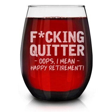 shop4ever Quitter Oops, I Mean Happy Retirement! Engraved Stemless Wine Glass 15 oz. Funny Retirement Retiree Glass Gifts for Men &amp; Women