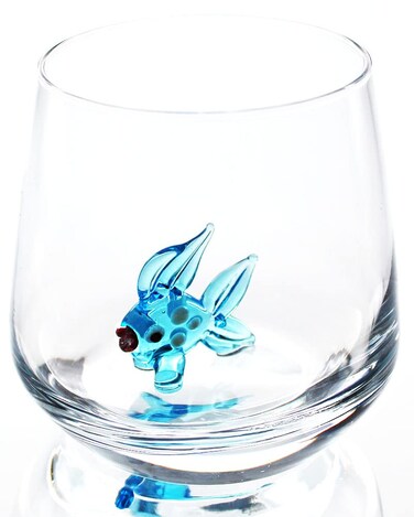 HeguSun 3D Drinking Glass Cup with Cute Animal Figurine Inside, Hand Blown Glass Fish Figure Inside Mug, Stemless Glass for Wine, Water, Milk, Beverages, 12oz (Fish)