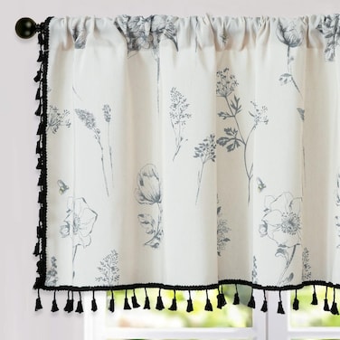 VOGOL Grey Flower Print Valance Curtains, Boho Style Rod Pocket Valances for Kitchen Window with Tassels, Linen Textured Window Treatment for Farmhouse, W52 x L18, 1 Panel