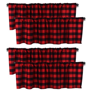 HTFDStar 4 Pack Buffalo Plaid Valance,Black and Red Tier Curtain Valances,Farmhouse Design Window Treatment,Rod Pocket Window Curtain for Kitchen Bedroom Living Room Cafe Decor 56'' X 16''
