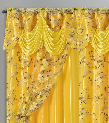 GOHD Roman Romance. Burnt-Out Printed Organza Window Curtain Treatment. Choice of 2pcs Curtain with Backing Set, 2pcs Organza Curtain, 1pc Valance (Yellow, 55 x 84 inches + Attached Valance x 2pcs)