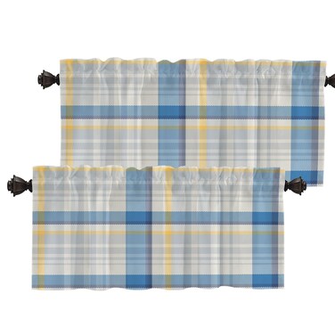 Batmerry Yellow Gingham Valance Curtains, Check Plaid Tile Blue Gray Yellow Window Treatment Kitchen Valances Multilayer Polyester Blackout for Living Room/Bathroom, 2 Pack 52x18 inches