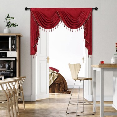 ELKCA Thick Chenille Window Curtains Valance for Living Room, Burgundy Red Valance with Beads for Festival Holiday,Rod Pocket (W59inch,1 Panel)